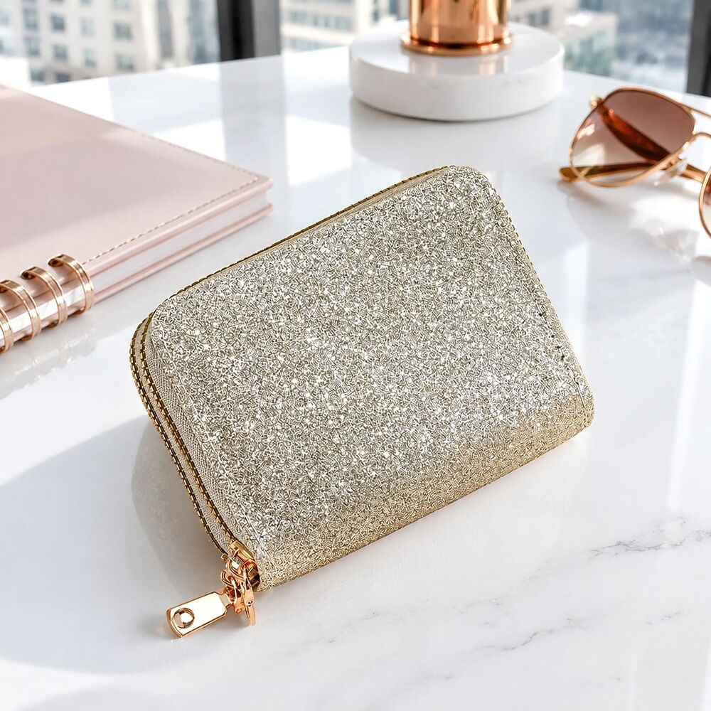 Silver Gold Glitter Wallet Double Zipper Accordion Card Holder Coin Purse NEW